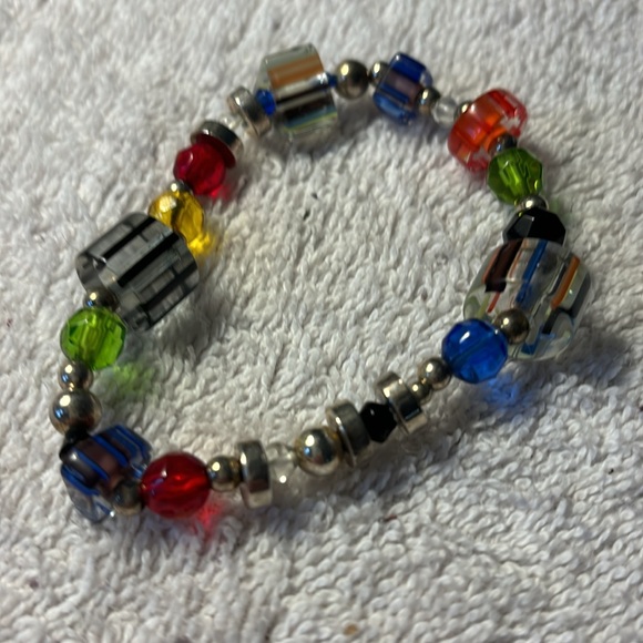 Bundle of 2 beaded bracelets, multicolor cross pendants. Each is 8” stretchy - Picture 2 of 5